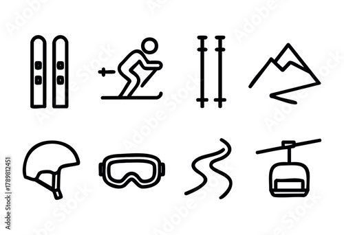 Illustration showcases various ski gear including skis, poles, and protective equipment. It also depicts a skier in action and a ski lift against a mountain backdrop, signifying winter sports.