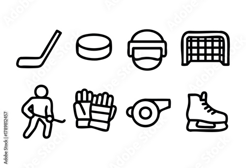 Various ice hockey equipment is represented through icons, including a hockey stick, puck, helmet, gloves, and skates. These items highlight essential gear for players and referees.