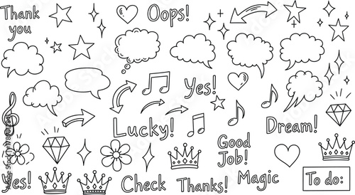 Hand Drawn Doodle Elements with Arrows, Speech Bubbles, Stars on White Background
