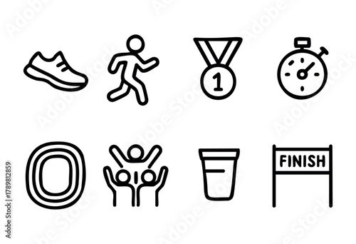 This collection of symbols showcases a running event, featuring running shoes, a medal, a stopwatch, cheering crowds, and a finishing line. Perfect for athletic competitions.
