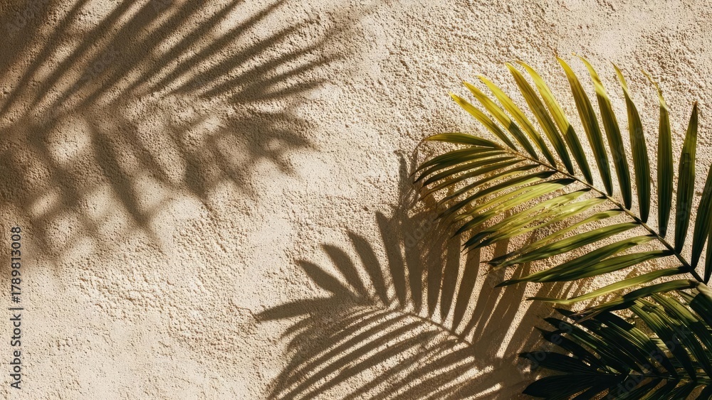 Obraz premium Palm frond shadows on a textured sandy surface. Concept Palm Shadow Study, Textured Sand, Coastal Light, Shadow Play, Beach Portraits