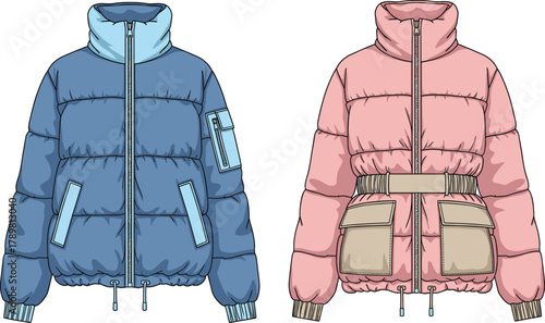 Stylish winter puffer jackets front view illustration in blue and pink colors, fashion technical flat drawing for apparel design