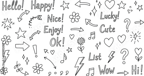 Hand Drawn Doodle Elements with Stars, Arrows, Hearts and Words on White Background