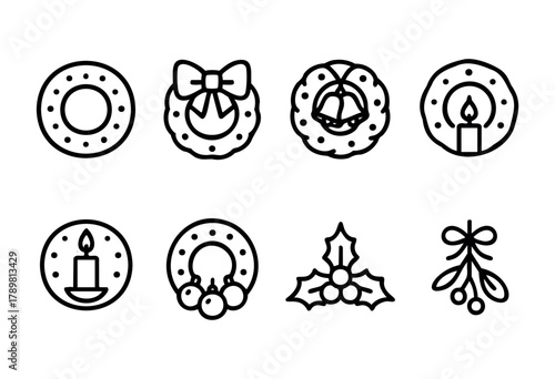 Various holiday-themed icons including wreaths, candles, and mistletoe showcase festive decorations perfect for celebrations. Suitable for cards, crafts, or seasonal projects.