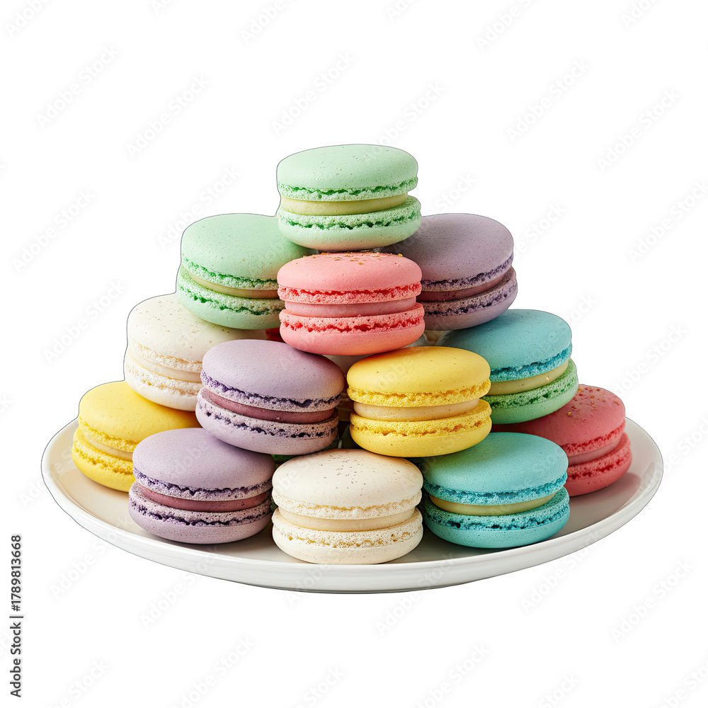 Obraz premium Assorted Macarons Stacked On A White Plate With A Transparent Background And Soft Lighting Highlighting Their Colorful Exterior