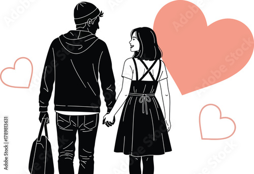 Couple holding hands, looking forward with love hearts