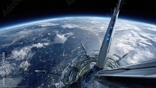 Fototapeta Naklejka Na Ścianę i Meble -  A sci‑fi space station in orbit around Earth, featuring a towering central spire and a circular ring-shaped deck. Concept Sci‑Fi Space Station, Earth Orbit, Towering Central Spire