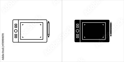 Two icons of a drawing tablet with stylus, one outlined and one solid black
