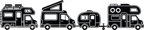 Diverse campers and trailers travel together on white background