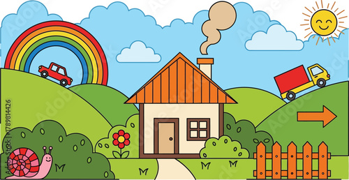 Cheerful cartoon countryside scene with house, car, truck, rainbow, snail, sun