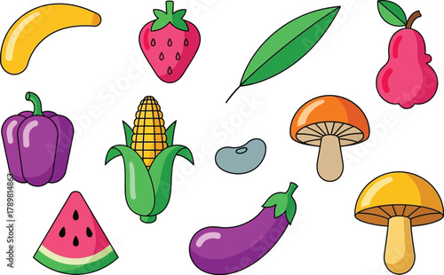 Bright, colorful cartoon produce elements for healthy eating and lifestyle