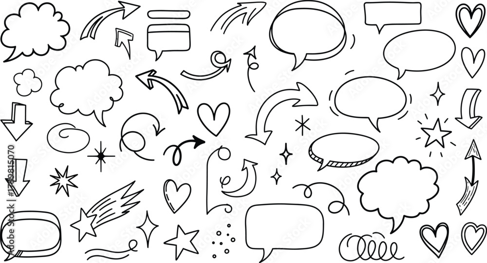 Fototapeta premium Hand Drawn Doodle Set with Arrows, Hearts, Stars and Speech Bubbles on White