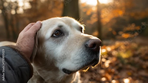 The man is wearing a brown jacket is petting a dog in a park. Man stroking his old dog. Loyal Labrador retriever enjoying autumn sunny say with his owner
