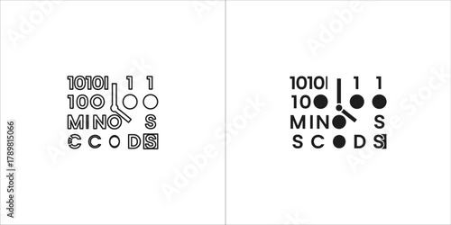 Binary code and symbols in black and white outline and silhouette