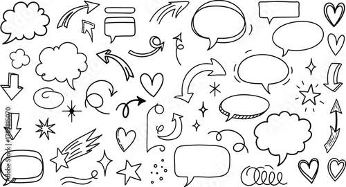 Hand Drawn Doodle Set with Arrows, Hearts, Stars and Speech Bubbles on White