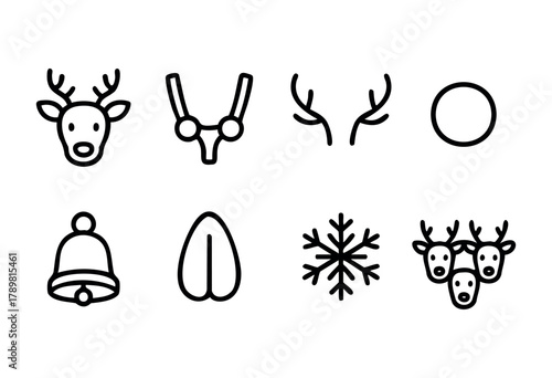 Various winter-themed icons are displayed, including reindeer heads, antlers, a bell, a snowflake, and other festive elements. This illustration captures the essence of winter celebrations.
