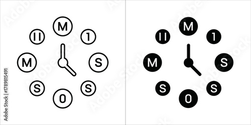 Clock face with letters m, s, 0, 1, ii, outline and filled versions