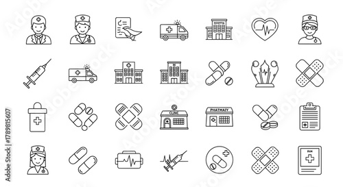 A comprehensive set of thirty black and white line art icons representing various medical, hospital, and healthcare concepts.