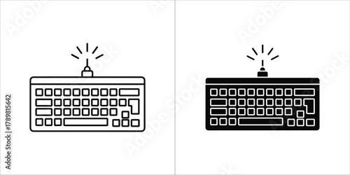 Computer keyboard with antenna and radiating signal in outline and silhouette
