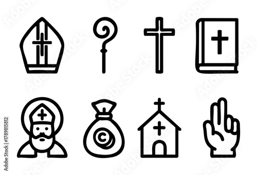 Various symbols of Christianity are depicted, including a bishop's hat, a cross, a Bible, and a church. These elements illustrate religious practices and beliefs.