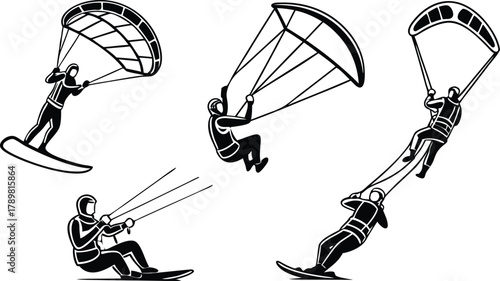 Dynamic kitesurfing silhouette collection for sport enthusiasts and summer adventures, perfect for logo designs and event promotions, originally vector graphics