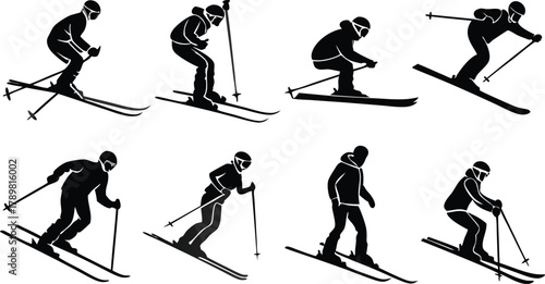 Skier silhouettes carving down slopes, a dynamic collection of winter sport action. Ideal for adventure, recreation, and outdoor lifestyle projects.