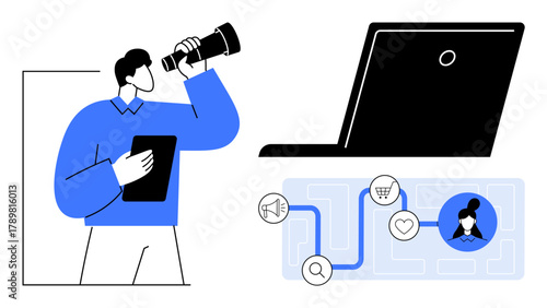 Man with telescope and tablet looking for insights. Laptop and connected icons representing marketing, analytics, and communication. Ideal for networking, exploration, business growth, online