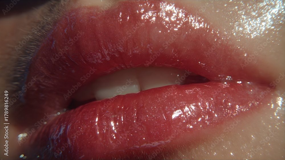 Obraz premium Sensual Lip Gloss: An extreme close-up of a full, glistening mouth, revealing the delicate texture and enticing allure of a rich lip gloss. A subtle, feminine touch of beauty and allure.