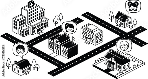 Connected community life: homes, school, hospital, and people communicating