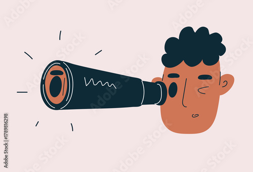 Cartoon vector illustration of a man looking through a telescope, symbolizing observation and exploration