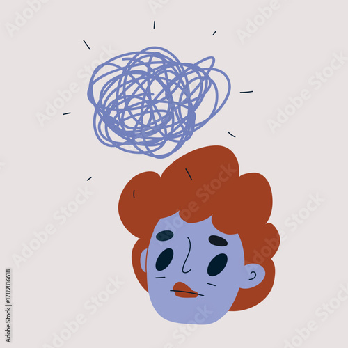 Cartoon vector illustration of a woman looking up at a tangled ball of yarn, symbolizing confusion and problem-solving