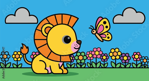 Cute lion cub watches a butterfly flutter in a sunny meadow