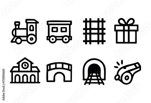 A collection of icons showing a train, passenger car, railroad tracks, a gift box, a train station, a bridge, a tunnel, and a whistle, suitable for design and transportation projects.