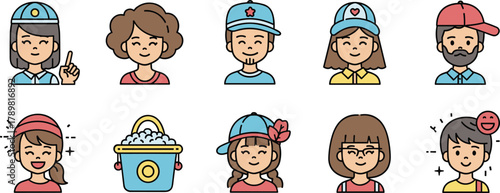 Cartoon character icons, diverse faces, cleaning bucket, teamwork theme, smiling kids, expressive avatars, colorful outfits, flat vector illustration