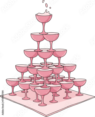 Champagne glass pyramid, cascading liquid, celebration setup, party toast, festive drink tower, elegant event theme, flat vector illustration