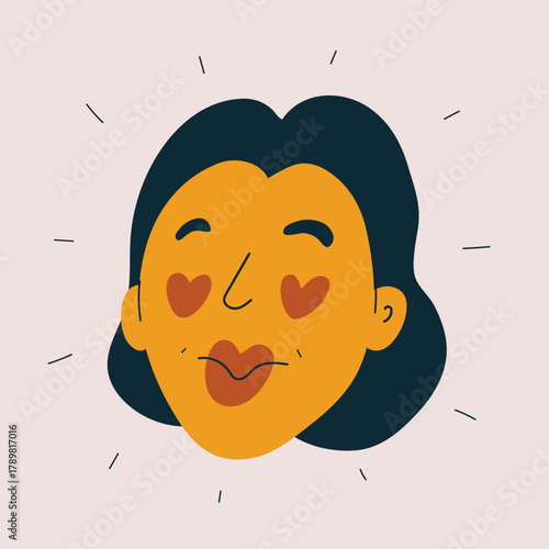 Cartoon vector illustration of a woman with hearts instead of eyes, symbolizing love and infatuation