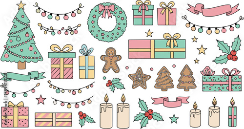 Christmas tree, pastel gifts, holiday wreath, gingerbread cookies, festive garland, holly berries, seasonal decor, winter celebration, flat vector illustration