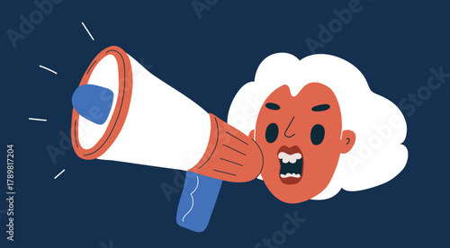Cartoon vector illustration of a woman shouting into a megaphone, symbolizing protest and expression against dark background