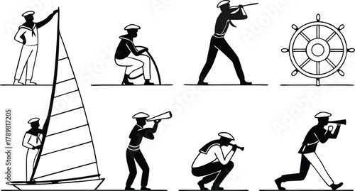 Classic nautical set with vintage sailor characters and ship wheel, timeless maritime adventure and seafaring spirit, ideal for retro designs and travel