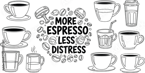 Espresso cups, coffee mugs, beans and tamper, portafilter tools, black and white design, caffeine humor, flat vector illustration