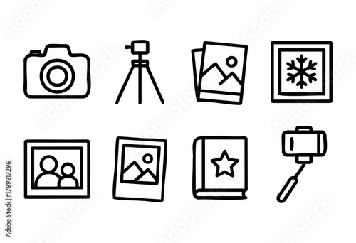 Various tools and items used for photography displayed, including cameras, tripods, picture frames, and print materials. These essentials help capture and preserve moments.