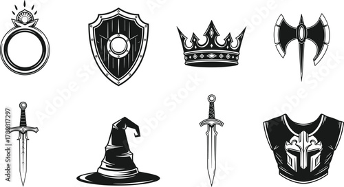 Fantasy icons, sword axe ring crown, wizard hat, shield armor, medieval weapons, magical items, RPG theme, flat vector illustration