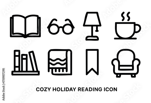 A cozy reading scene features an open book, glasses, a lamp, a steaming cup of coffee, shelves of books, a soft blanket, a bookmark, and a comfortable chair, perfect for winter relaxation.