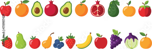 Fruit and vegetable icons, colorful cartoon style, healthy food, fresh produce, educational clipart, flat design, flat vector illustration