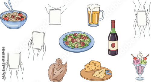 Food and drink icons, blank tablet screens, spaghetti bowl, wine bottle, salad plate, digital menu concept, flat vector illustration
