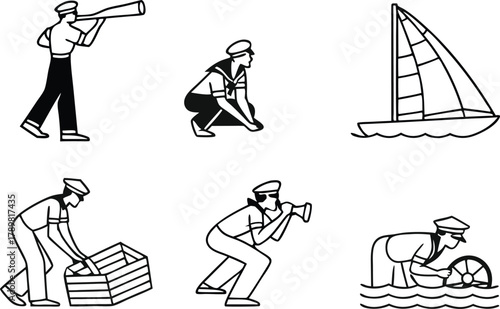 Nautical adventures await with this vintage-style sailor set, perfect for branding, invitations, and designs needing a classic maritime touch