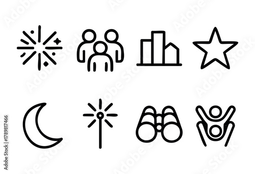 Fireworks burst in the night sky, illuminating a city skyline. Groups of people celebrate together, creating a joyful atmosphere filled with excitement and community spirit.