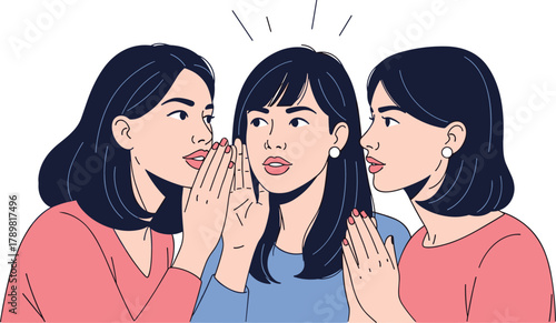 Gossip illustration, whispering characters, secret sharing, expressive faces, emotional reaction, stylized people, flat vector artwork, communication theme