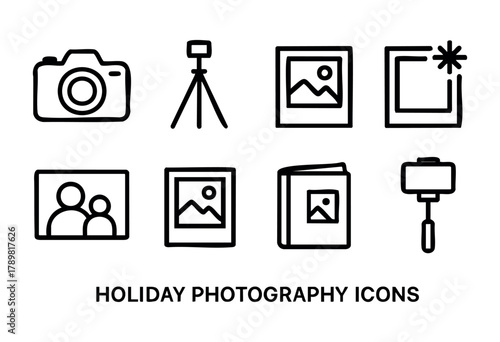 A collection of simple icons showcasing items related to holiday photography. Included are a camera, tripod, frames, and albums, highlighting tools for preserving memories.