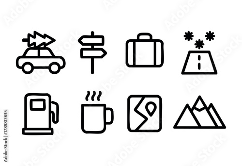 This set of travel icons features a car, luggage, coffee, and mountains, perfect for planning a road trip filled with exploration and relaxation.